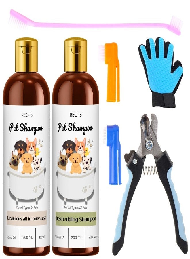 REGIIS Pet Grooming Kit with Deshedding Shampoo, Luxurious All-in-One Wash, Grooming Glove, Nail Clipper, Toothbrush, 200ml, 5 Pieces - Image 1